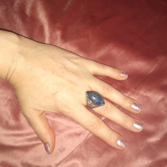 Blue Lapis Gemstone Ring Silver Almond Shaped Gem Stone Cutout Design Setting 8 - Picture 5 of 8